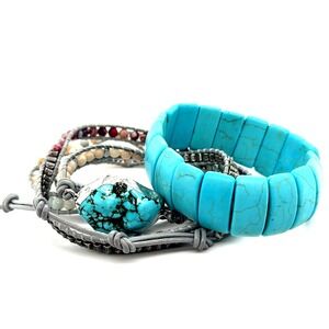 Boho Turquoise Wrap Bracelet Set Leather Mixed Stone Beaded Stretch 2 Piece